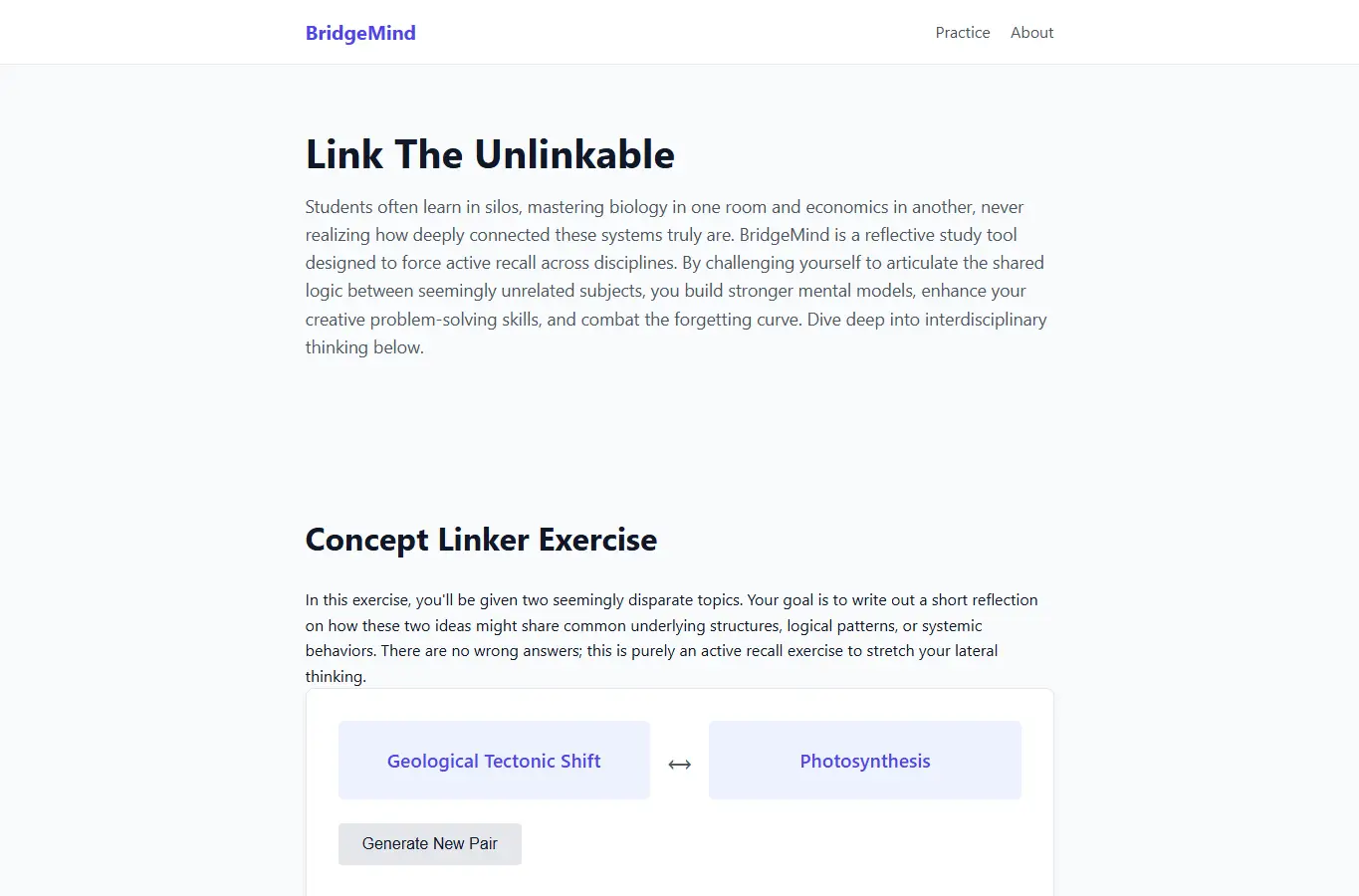 Screenshot of BridgeMind: Concept Linker interface showing the project page in use